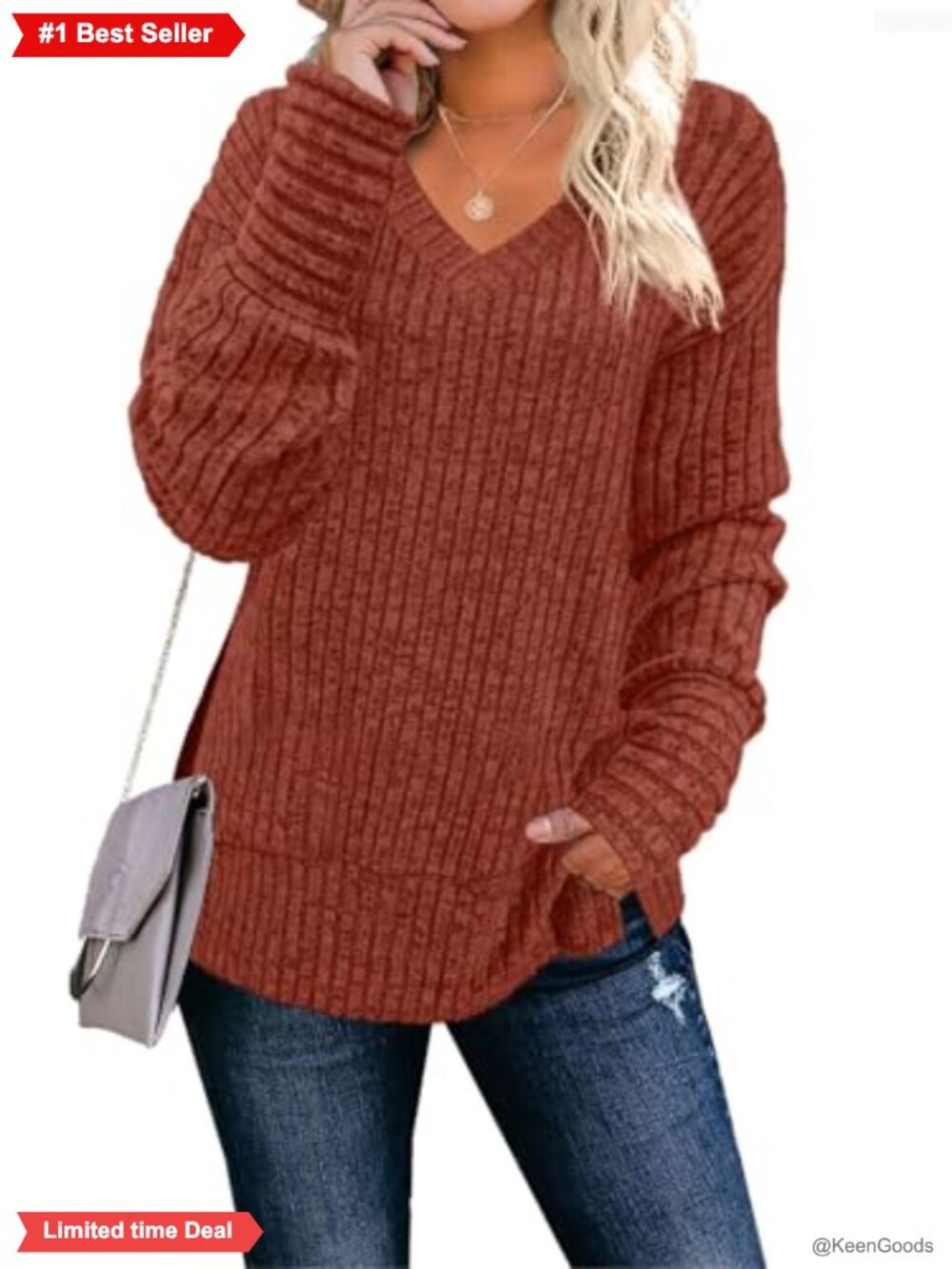 Women's V-Neck Long Sleeve Sweater Pullover Loose Casual